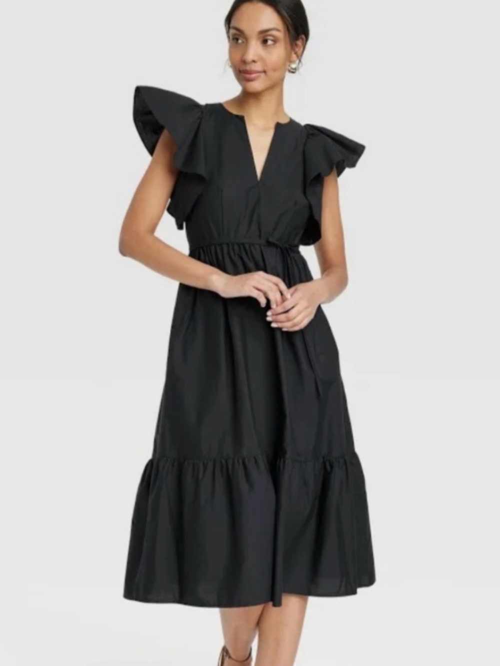 A New Day Flutter Sleeve Black Midi Dress
